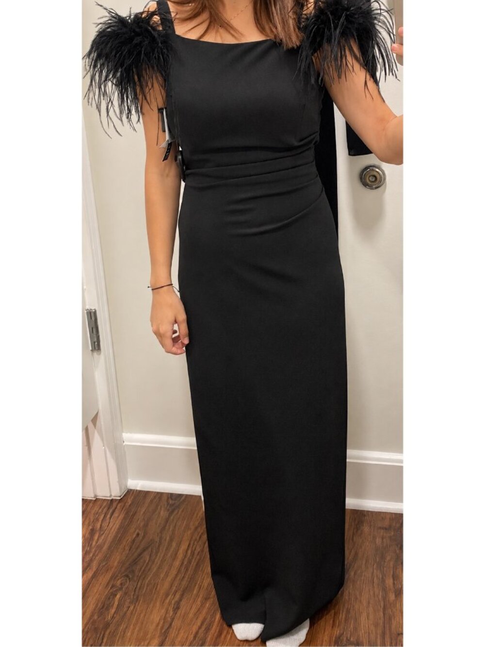 Xscape Black Feather Shoulder Ruched Formal Gown Size 4